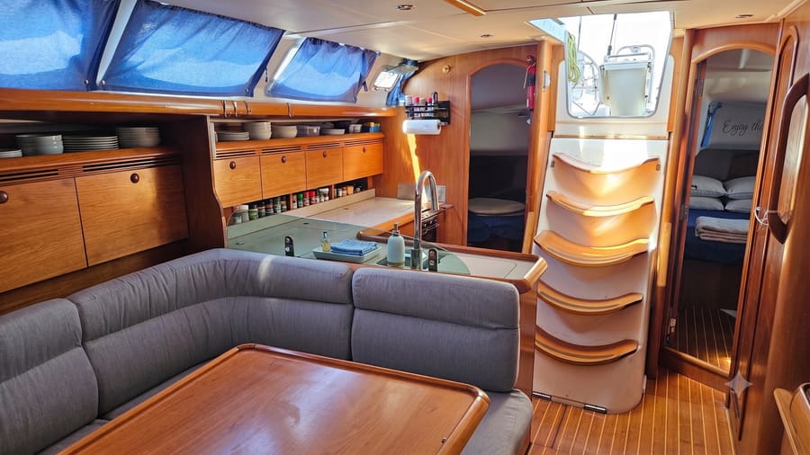 Bright saloon and galley below deck